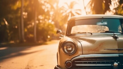 Obraz na płótnie Canvas Car travel concept, vintage car with palm trees background. Ai generative