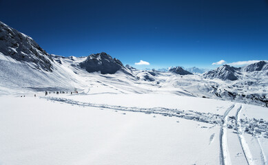 winter high mountain landscape, ski resort, French Alps - 598955590