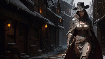 Fototapeta na wymiar Fantasy Woman In Black Hat, Cape, Metal Shoulder Armor Pauldron Walking Down Dark Snowy Street Generative AI Illustration