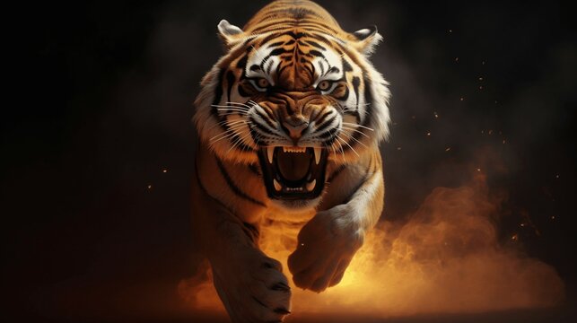 Lethal Elegance: Tiger's Fiery Pounce. Ai generative