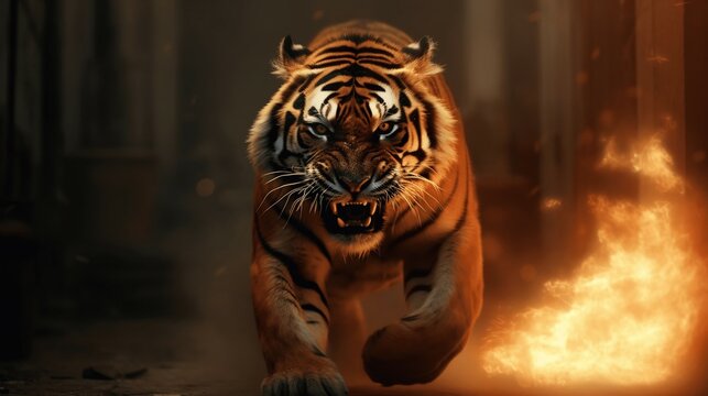 Flaming Ambush: Tiger's Assault in the Blaze. Ai generative