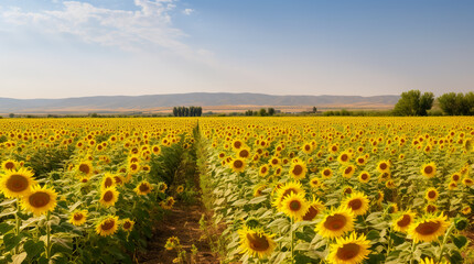 Obraz premium Agricultural field with yellow sunflowers against the sky with clouds. Generative AI