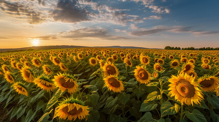 Agricultural field with yellow sunflowers against the sky with clouds. Generative AI