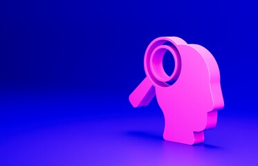 Pink Magnifying glass for search job icon isolated on blue background. Recruitment or selection concept. Search for employees and job. Minimalism concept. 3D render illustration