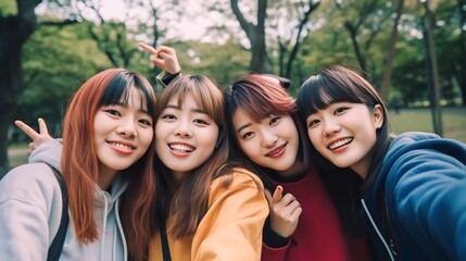 A group of Generation Z Asian friends having fun and taking selfies in the park, Generative AI - obrazy, fototapety, plakaty