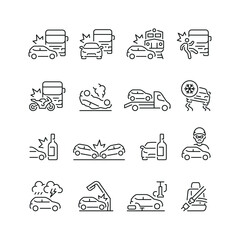 Vector line set of icons related with car accident. Contains monochrome icons like car, collision, crash, truck, accident and more. Simple outline sign.