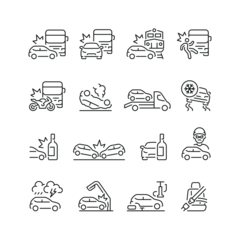 Gordijnen Vector line set of icons related with car accident. Contains monochrome icons like car, collision, crash, truck, accident and more. Simple outline sign. © Mykola