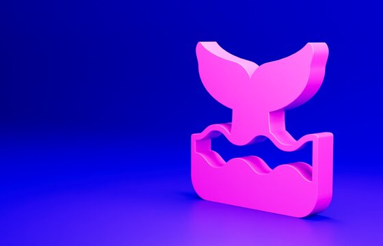 Pink Whale tail in ocean wave icon isolated on blue background. Minimalism concept. 3D render illustration