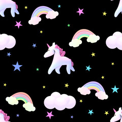 Seamless cartoon unicorns, rainbows, stars and clouds pattern.