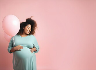 happy poc pregnant woman holding belly wearing blue dress with pink balloons and copy space isolated on pink studio background, made with generative ai