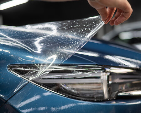 The master in the car service applies a protective armor film to the car body.  Generative AI