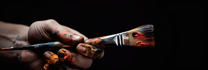 paintbrush isolated on black background, artist's hand, created with Generative AI technology