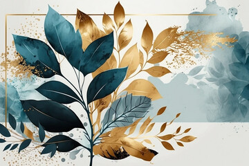 Abstract art botanical background. Luxury wallpaper with sky blue, green and gold prints wall decoration.