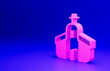Pink Church building icon isolated on blue background. Christian Church. Religion of church. Minimalism concept. 3D render illustration