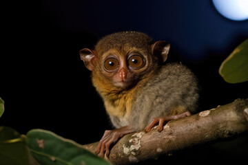 Enigmatic Forest Dweller. Captivating image of a Tarsier perched on a branch, basking in the warm glow of a sun-kissed forest. Wildlife concept AI Generative