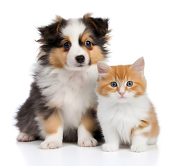 Puppy and kitten on white backgrounds. Ai generative. Illustration
