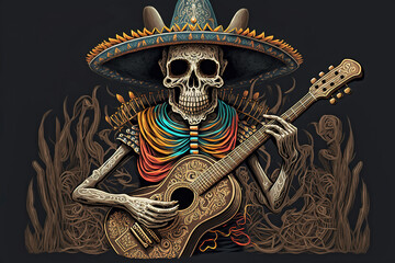 Obraz premium Cinco de Mayo Mexican Skeleton Logo with Sombrero and Guitar - Ai Generatied