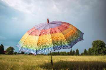 Fond d'écran avec un parapluie arc en ciel dans un champ » IA générative