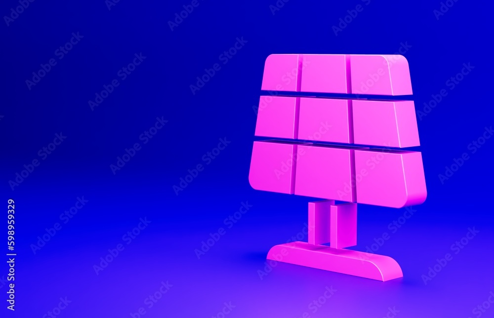 Sticker Pink Solar energy panel icon isolated on blue background. Sun with lightning symbol. Minimalism concept. 3D render illustration