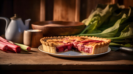 Homemade rhubarb pie on the plate on a wooden table. Generative AI.