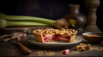 Homemade rhubarb pie with crusty top on the plate on a wooden table. Generative AI.