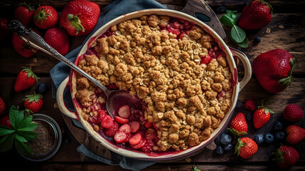 Homemade rhubarb and strawberry crumble pie with on the plate on a wooden table. Generative AI.