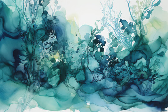 Fond d'&eacute;cran abstrait d'une aquarelle d'algues dans l'oc&eacute;an &raquo; IA g&eacute;n&eacute;rative