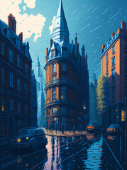 Rainy London street. AI generated illustration