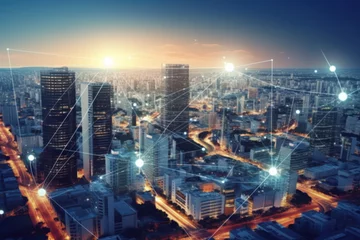 Foto op Plexiglas Skyline Smart city and communication network concept. 5G.
