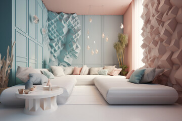 an interior   scene sofa with futuristic living room with a big cozy sofa and pillows, home decor, blue and pink palette, generative ai illustration
