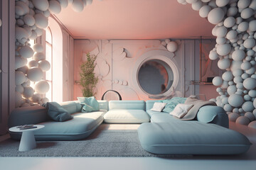 an interior   scene sofa with futuristic living room with a big cozy sofa and pillows, home decor, blue and pink palette, generative ai illustration