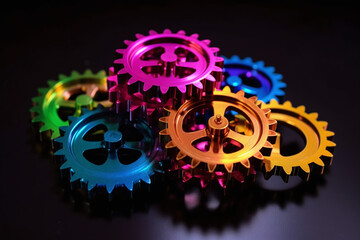 Fond d'&eacute;cran avec trois engrenages color&eacute;s sur fond noir &raquo; IA g&eacute;n&eacute;rative