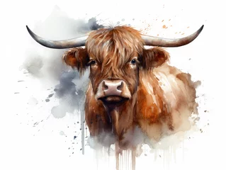 Foto op Canvas Watercolor style highlander cow scotland, generative ai © GeertJan