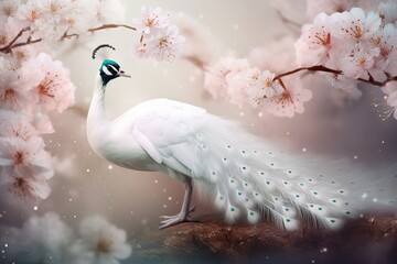 beautiful white peacock in beautiful spring from generative ai