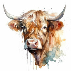 Watercolor style highlander cow scotland, generative ai - obrazy, fototapety, plakaty