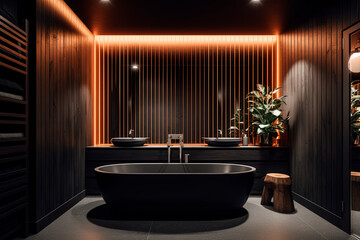 A black bath tub sitting in a bathroom. Generative AI