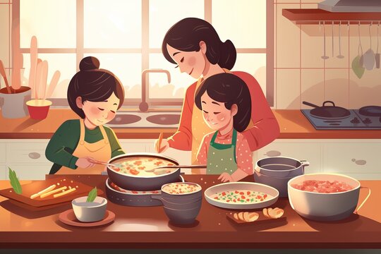 At home, Korean mom cartoon cooks delicious food. from generative ai