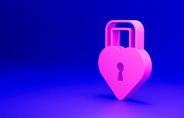 Pink Castle in the shape of a heart icon isolated on blue background. Locked Heart. Love symbol and keyhole sign. Happy Valentines day. Minimalism concept. 3D render illustration
