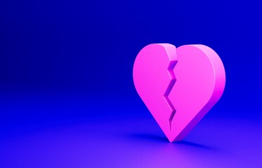 Pink Broken heart or divorce icon isolated on blue background. Love symbol. Happy Valentines day. Minimalism concept. 3D render illustration