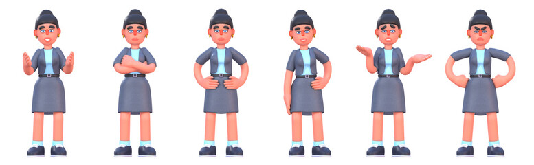 3d render of cute woman showing various emotions, poses