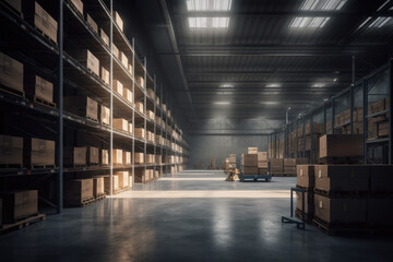 Naklejka na ściany i meble modern warehouse with shelves and stock. Generative AI