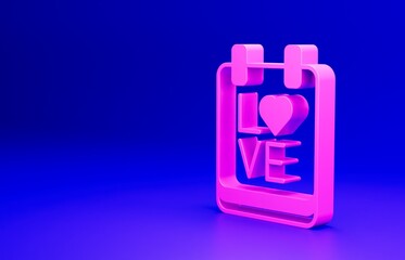Pink Calendar with February 14 icon isolated on blue background. Valentines day. Love symbol. Minimalism concept. 3D render illustration