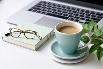 Obraz na płótnie Canvas phone, cup of coffee and eucalyptus with a laptop concept photo. Generative ai