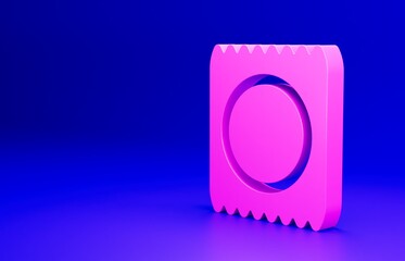 Pink Condom in package icon isolated on blue background. Safe love symbol. Contraceptive method for male. Minimalism concept. 3D render illustration