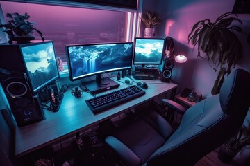 Streamer gamer desktop setup with computers headphones and camera, generative ai