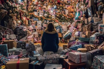 Kid in a room full to the brim of presents, generative ai - obrazy, fototapety, plakaty