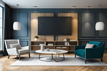 Fototapeta premium Relax and Unwind: A Living Room Interior with Big TV on Cabinet Mockup against a Sleek Dark Wall