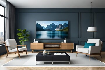 Entertainment Central: A Modern Living Room Mockup Featuring a Big TV on a Cabinet