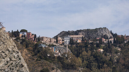 Taormina town on a rocky hilltop in Sicily 