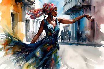 Watercolor image of a beautiful cuban woman dancing on a street. Generated ai. - obrazy, fototapety, plakaty